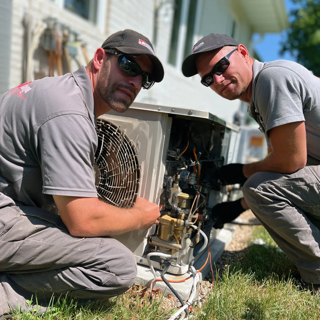 Two technicians examining an open residential HVAC unit outdoors