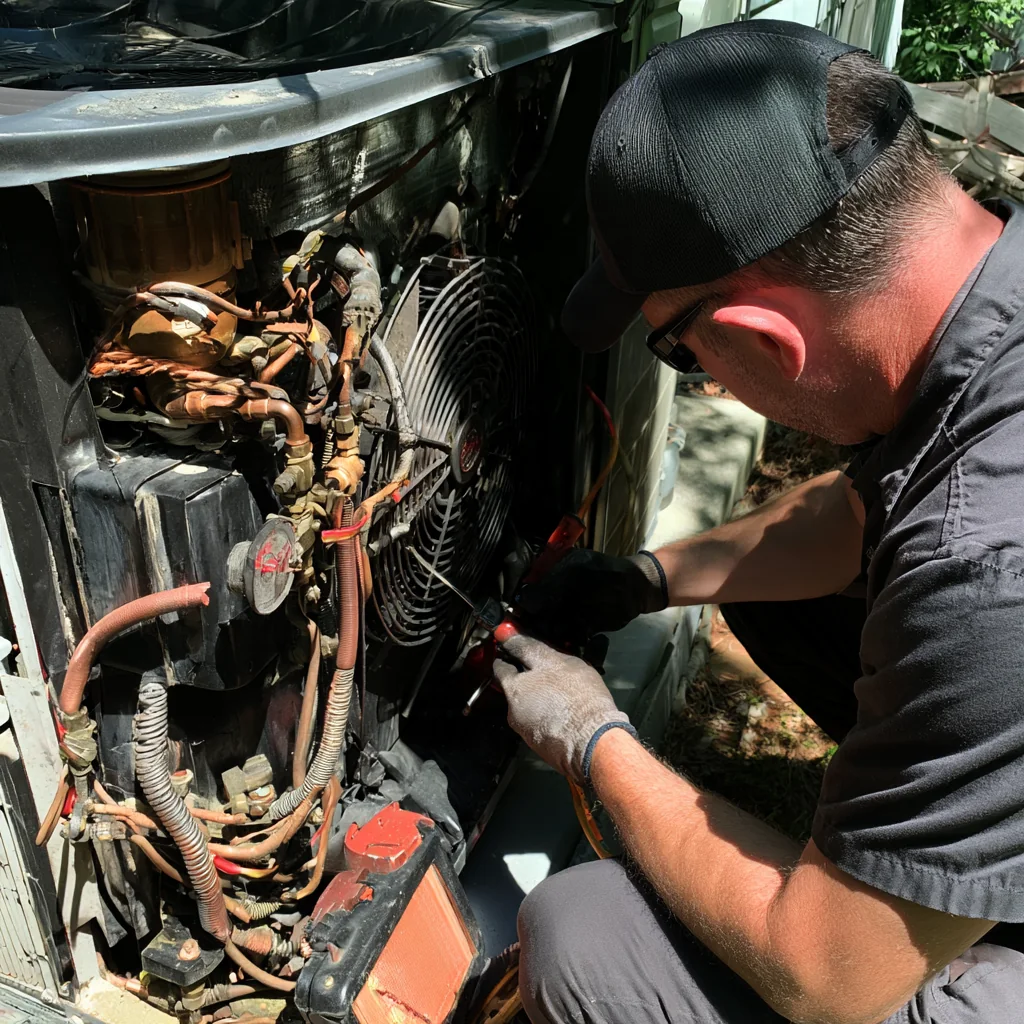 Technician servicing electrical components inside an outdoor HVAC unit